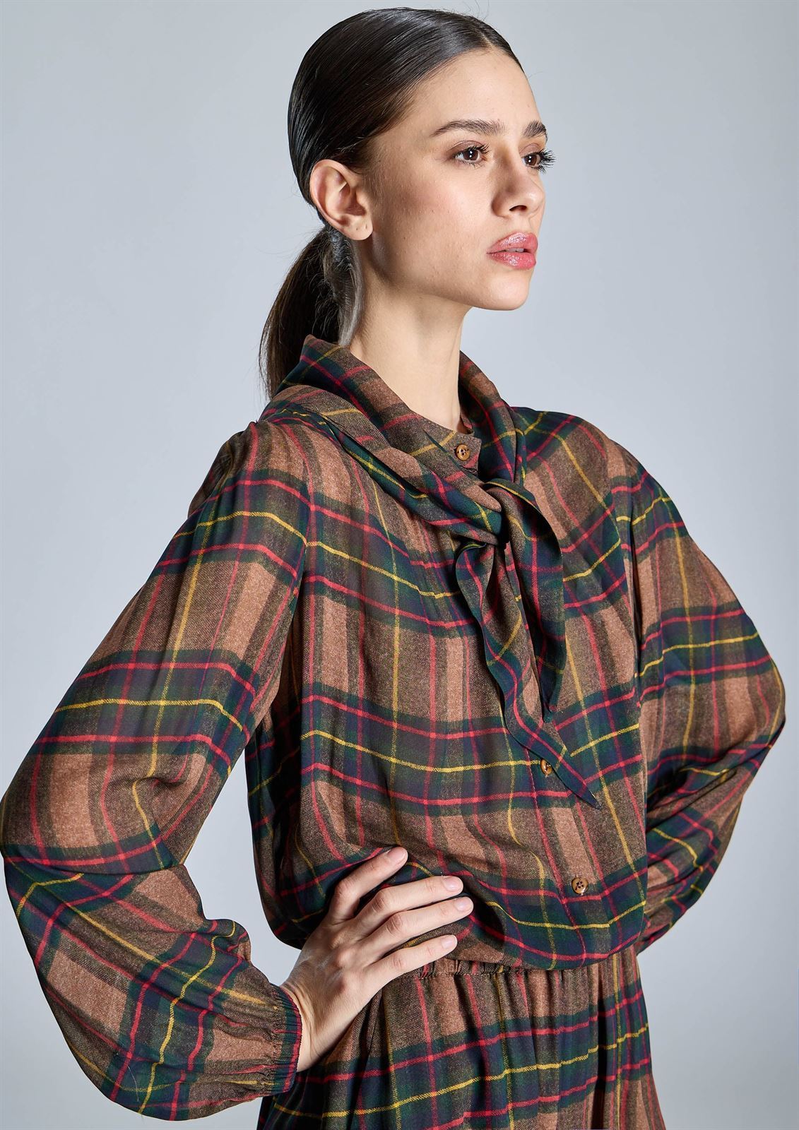 BLUSA Alba Conde 5302-112-81 Detalle pañuelo cuadros marrones - Imagen 2