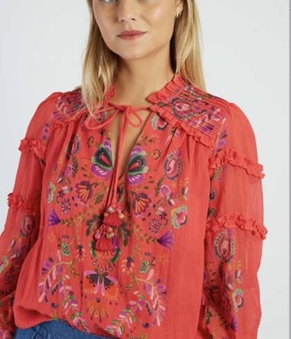 Blusa Derhy  ALICANTE flores impresas rojo coral - Imagen 1
