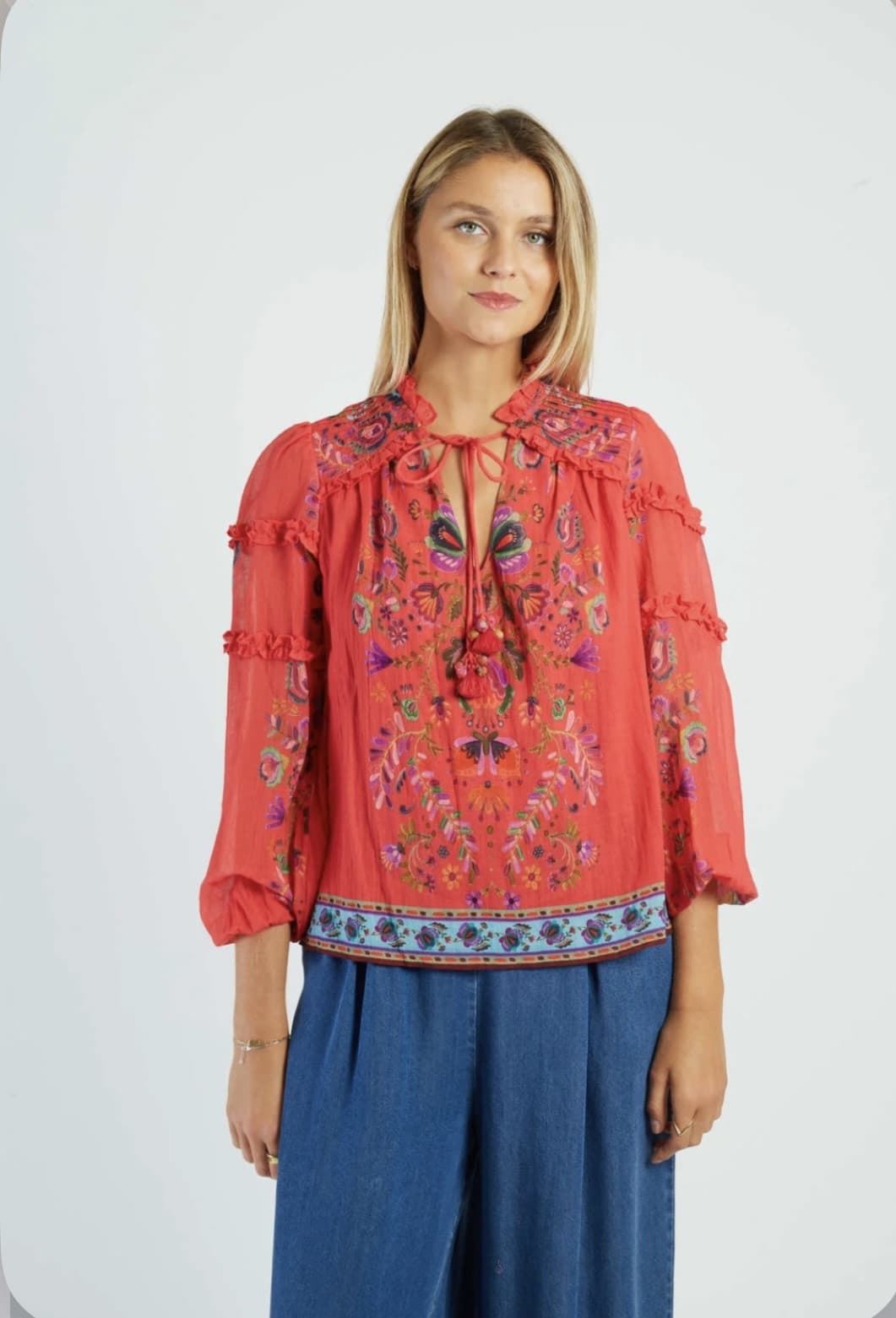 Blusa Derhy  ALICANTE flores impresas rojo coral - Imagen 4