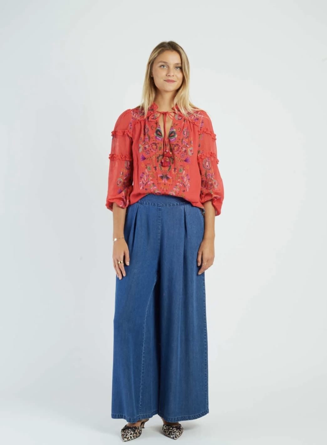 Blusa Derhy  ALICANTE flores impresas rojo coral - Imagen 5