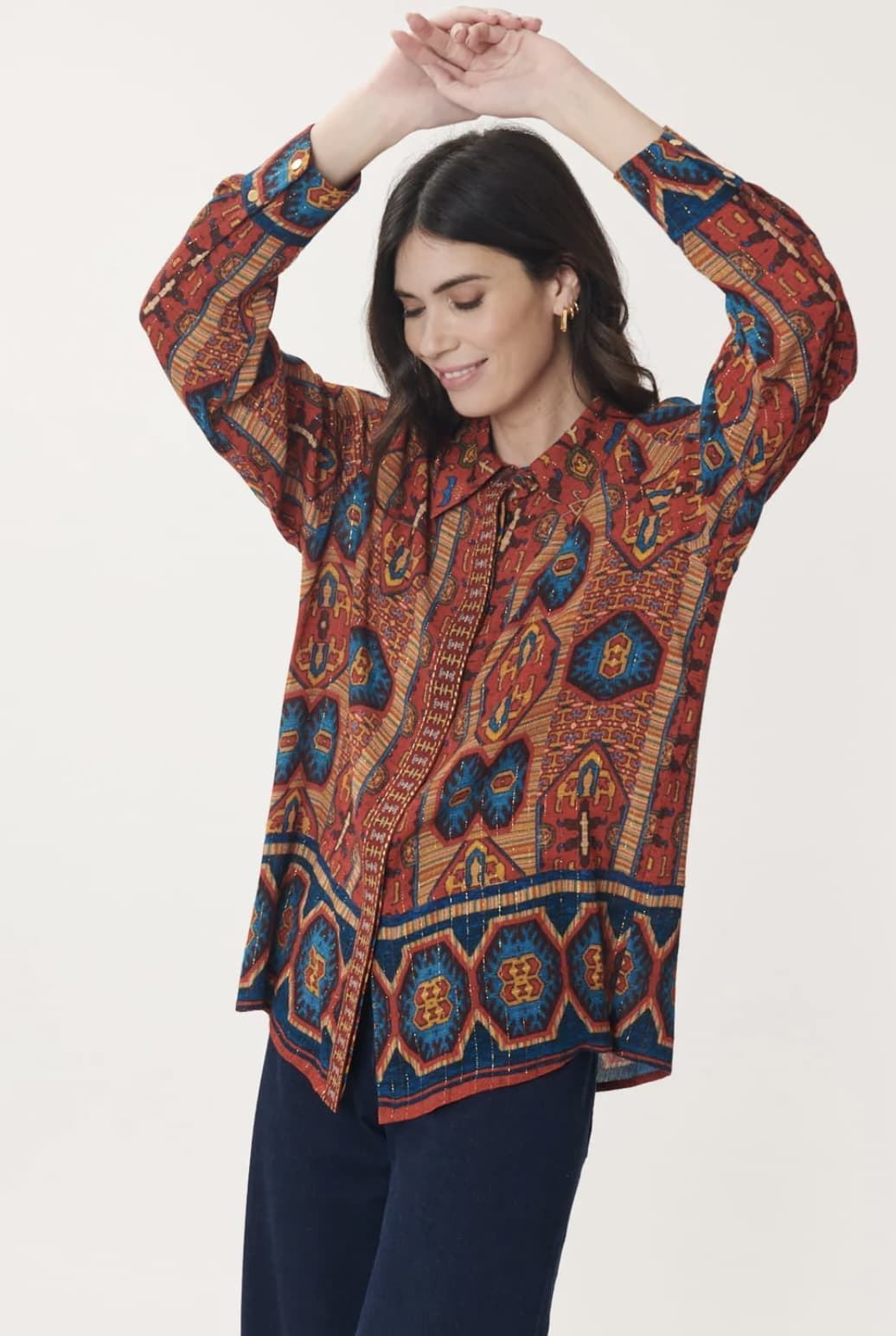 Blusa Derhy Benjamine estampado étnico teja. - Imagen 2