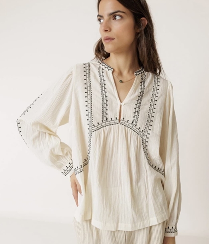 Blusa Indi & Cold AD186 bordado étnico cruda manga larga - Imagen 1