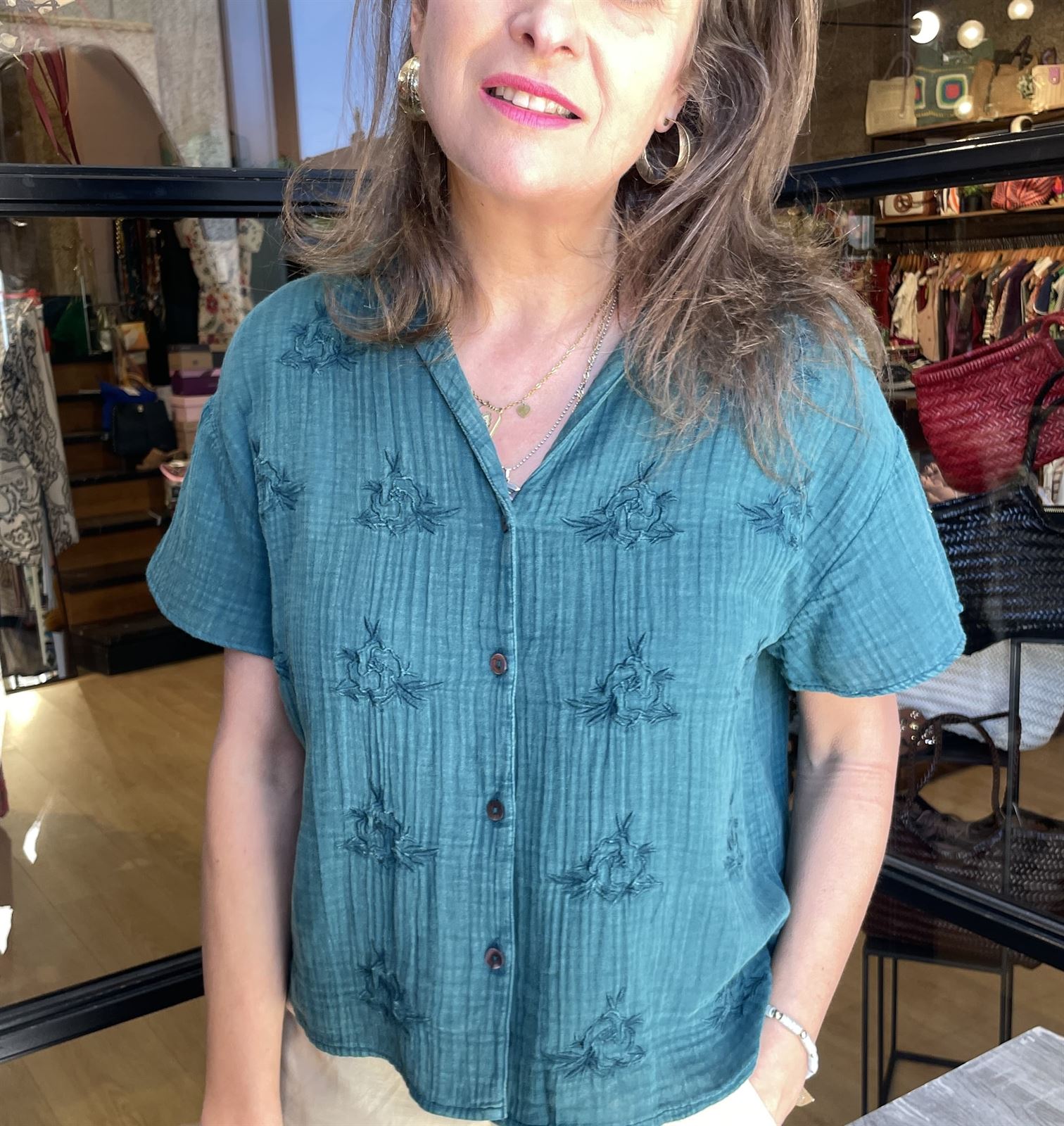 Blusa Nice Things bordada doble tela verde - Imagen 1