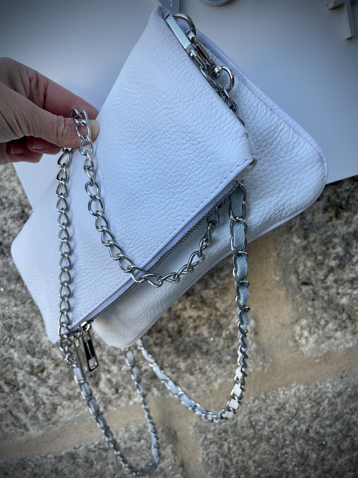 Bolso bandolera de doble cadena de piel 100 color blanco