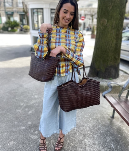 Bolso capazo piel trenzado chocolate GRANDE - Imagen 1