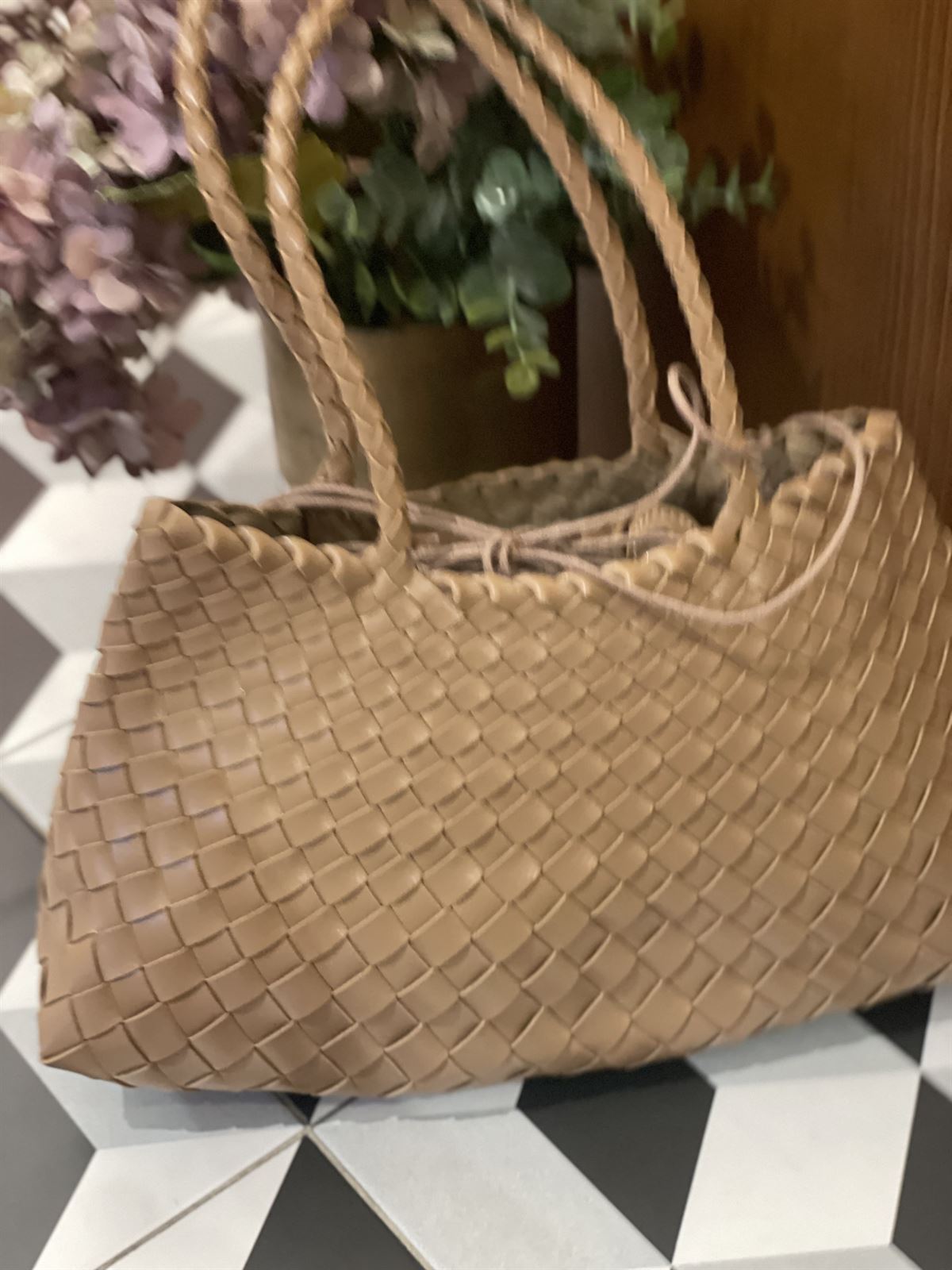 Bolso piel trenzado 2 asas beigge - Imagen 1