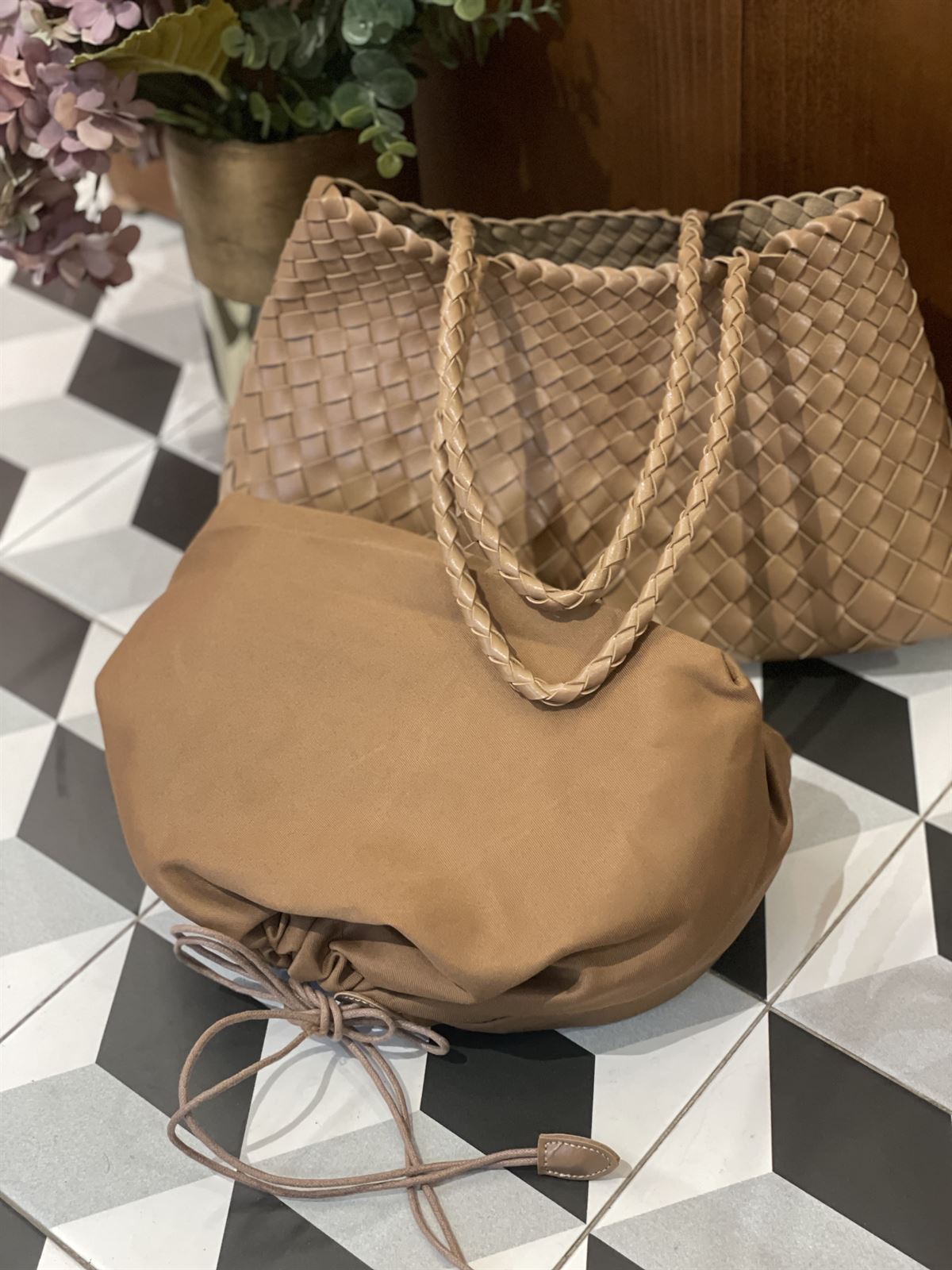 Bolso piel trenzado 2 asas beigge - Imagen 2