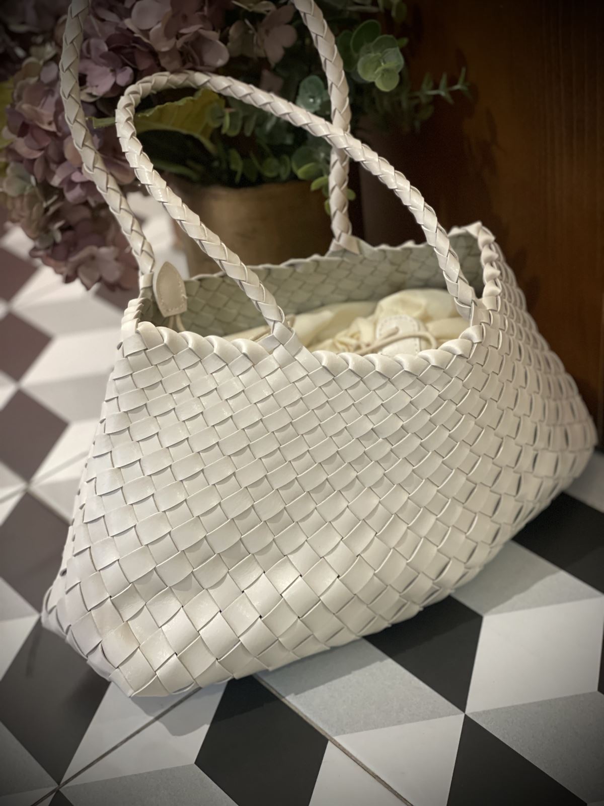 Bolso piel trenzado 2 asas blanco hielo - Imagen 3