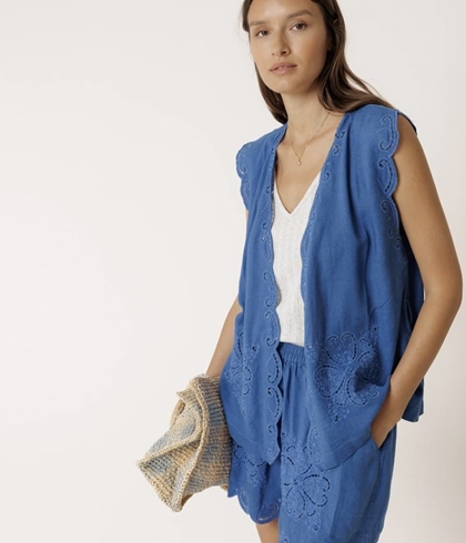 CAMISA chaleco KI176 TOP BORDADO FLOR  de cruzar azulón - Imagen 1