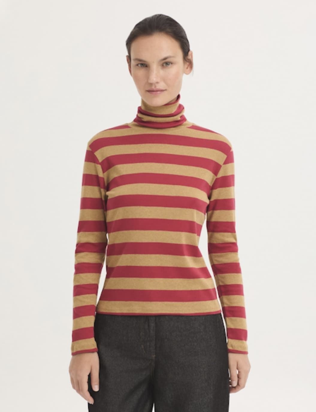 Camiseta Nice Things cuello alto rayas rojo camel - Imagen 1