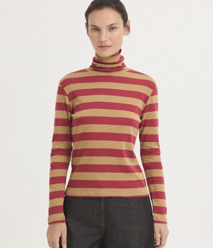 Camiseta Nice Things cuello alto rayas rojo camel - Imagen 1