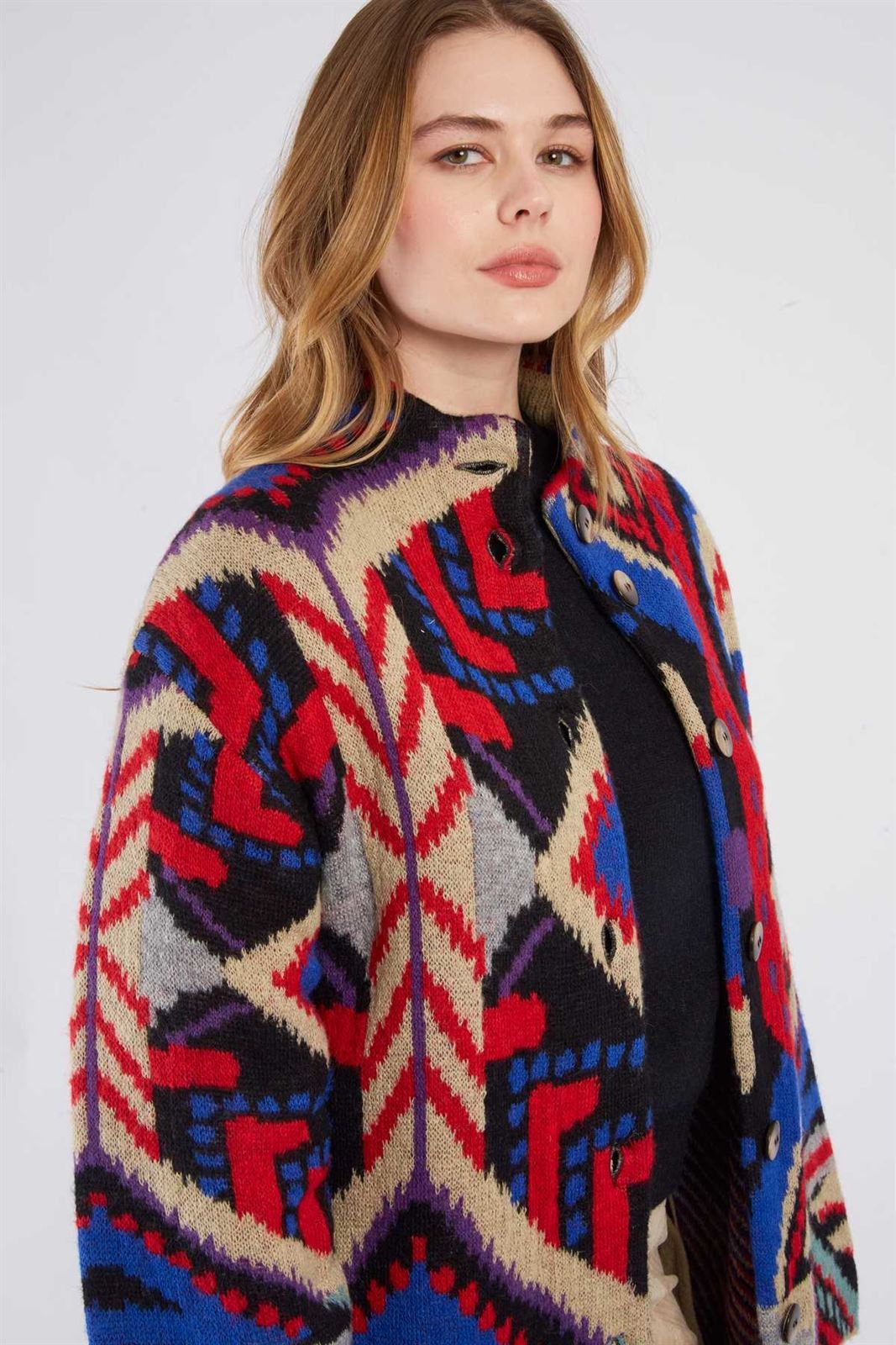 Chaqueta Derhy BAROQUE larga estampado tonos rojos y azules - Imagen 2