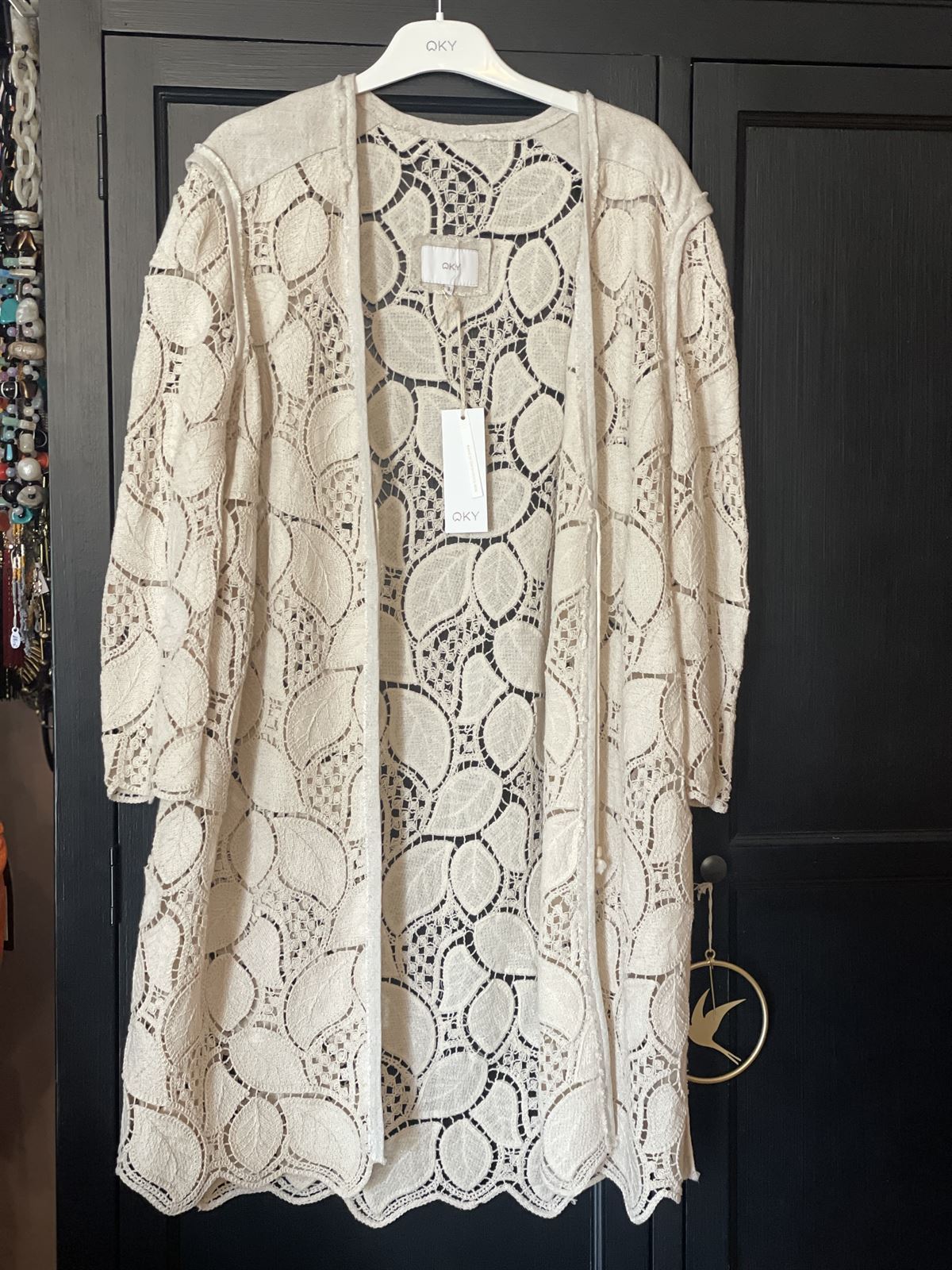 Chaqueta kimono OKY BERNIO 7 lino rústico crochet beige - Imagen 1