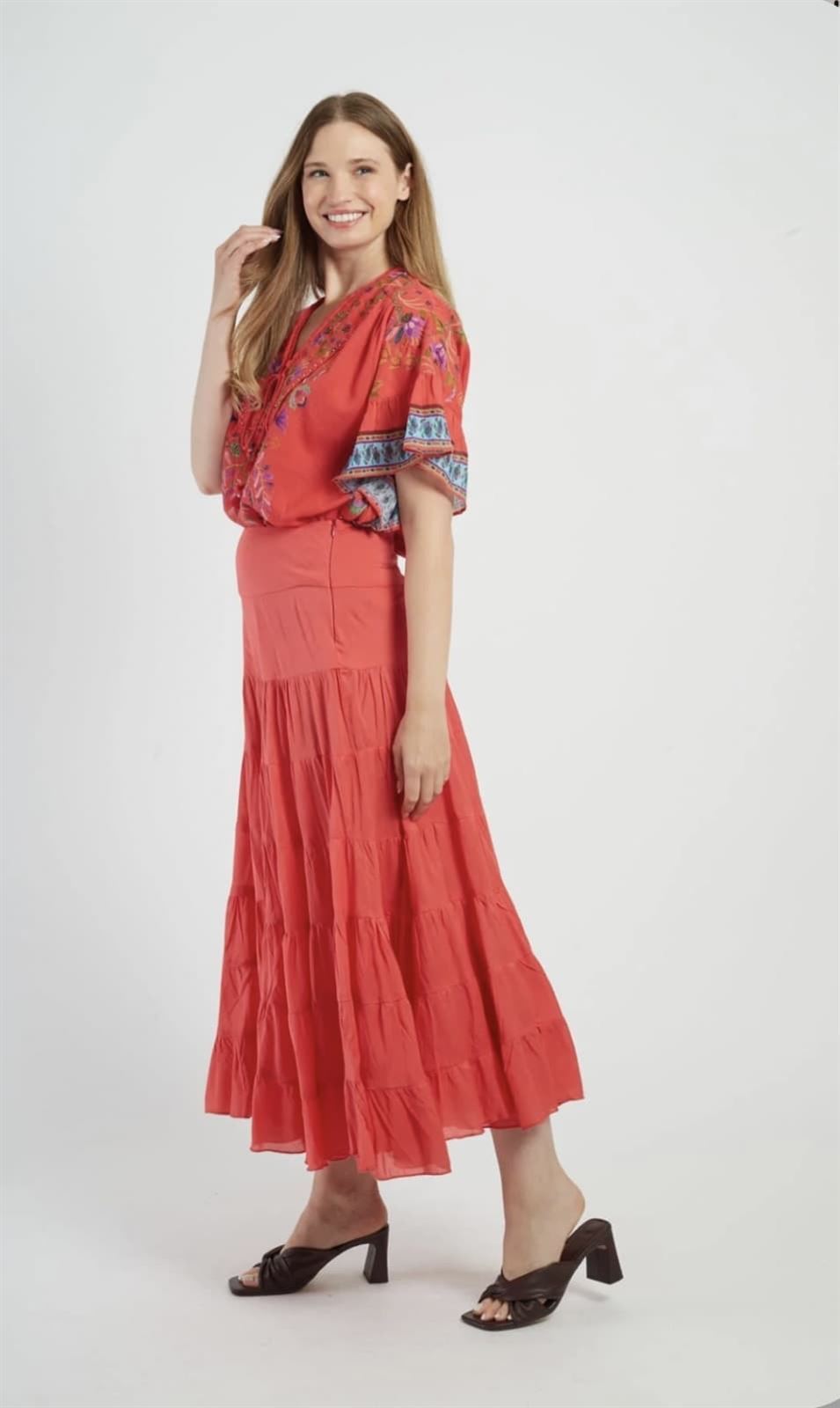 Falda Derhy DAHLIA Larga algodón liso rojo coral - Imagen 3