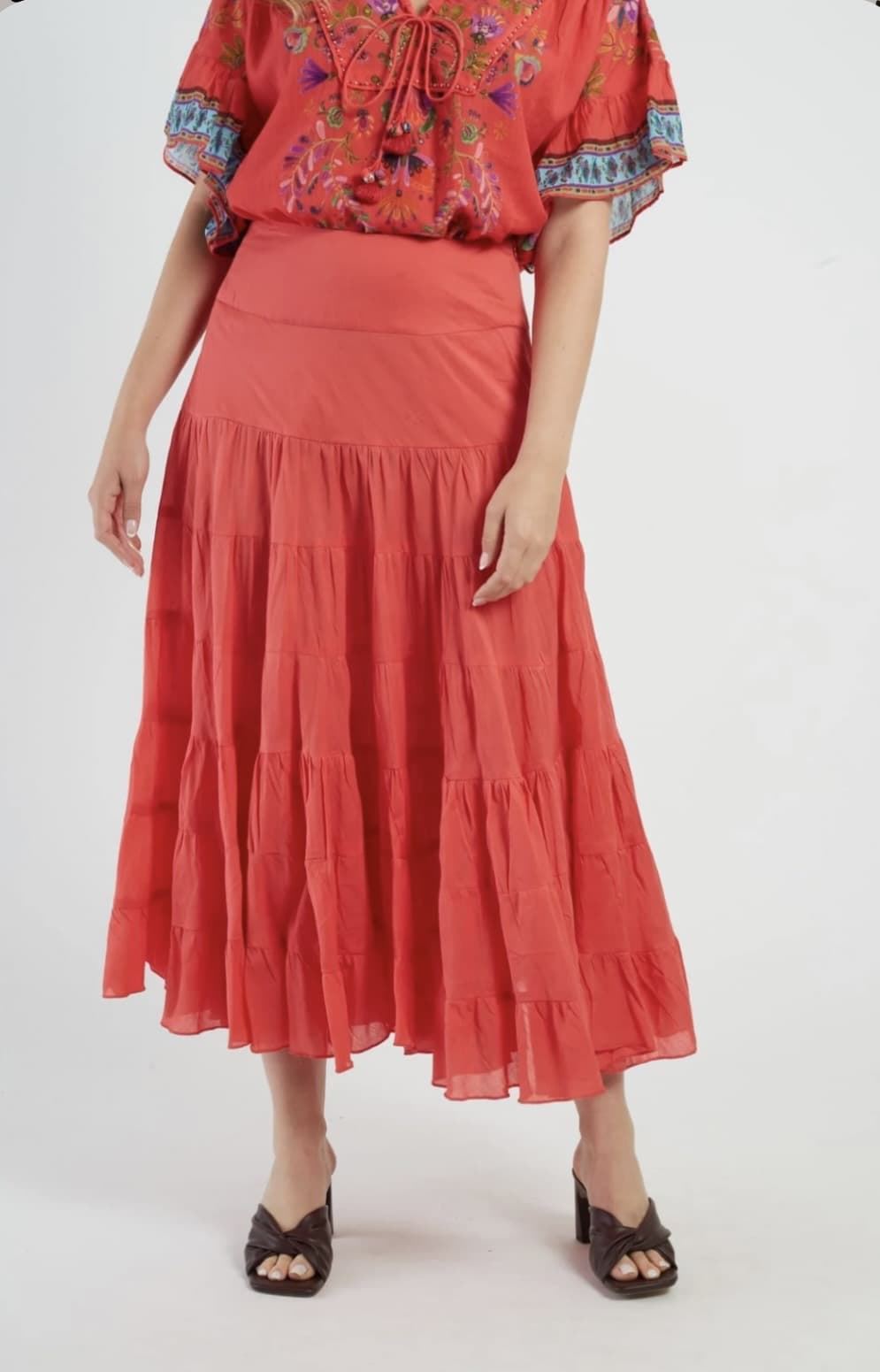 Falda Derhy DAHLIA Larga algodón liso rojo coral - Imagen 4