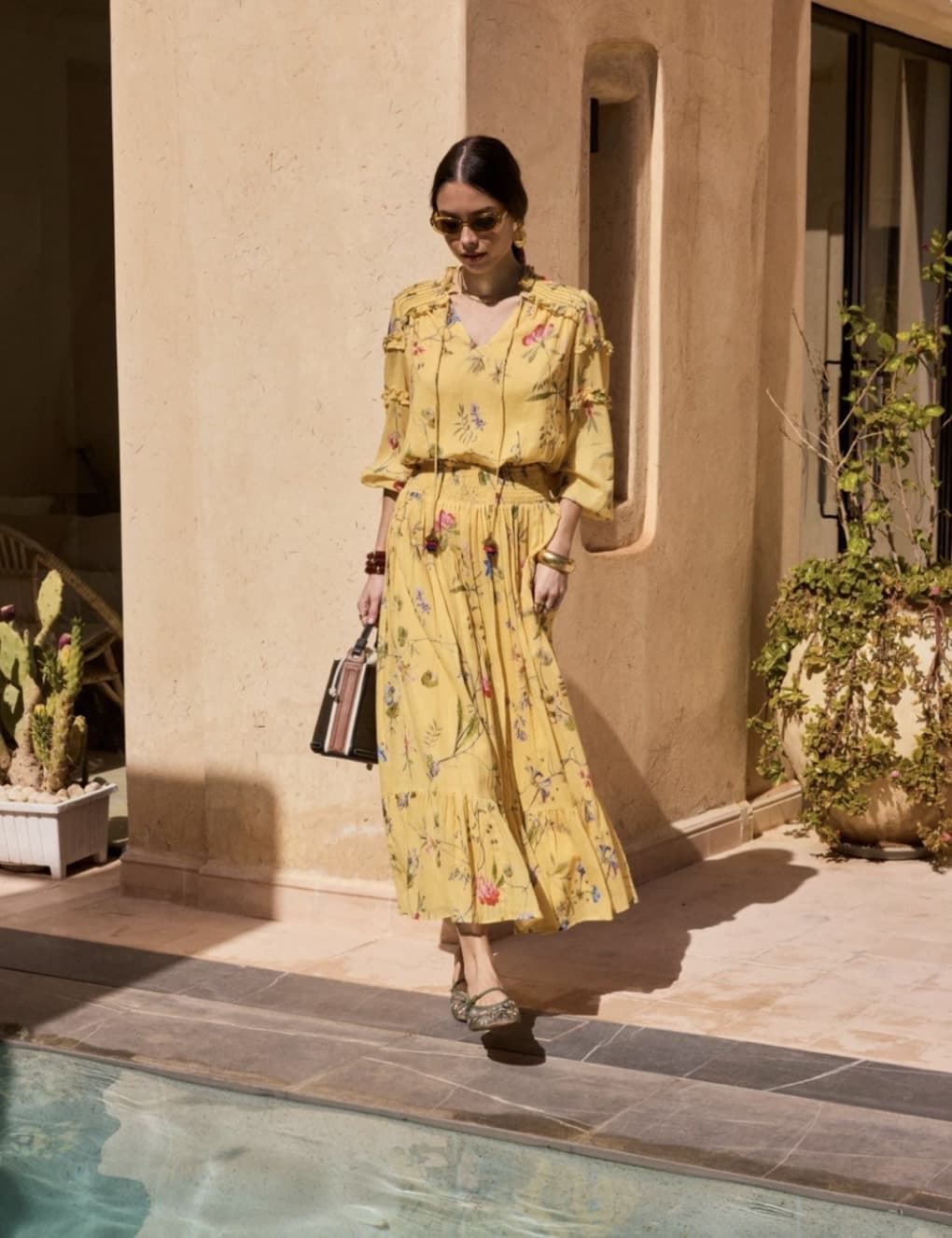 Falda Derhy DIVANA larga algodón estampada amarilla mostaza - Imagen 1