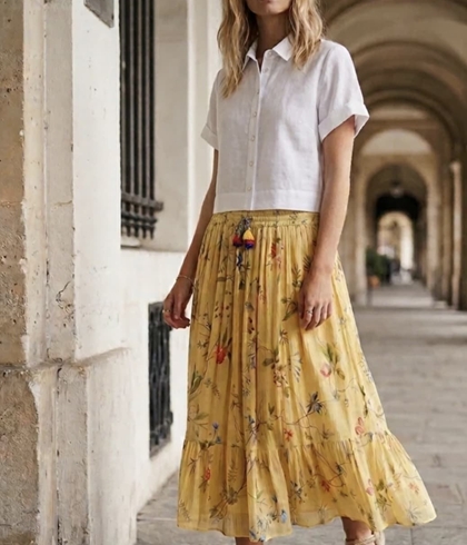 Falda Derhy DIVANA larga algodón estampada amarilla mostaza - Imagen 2