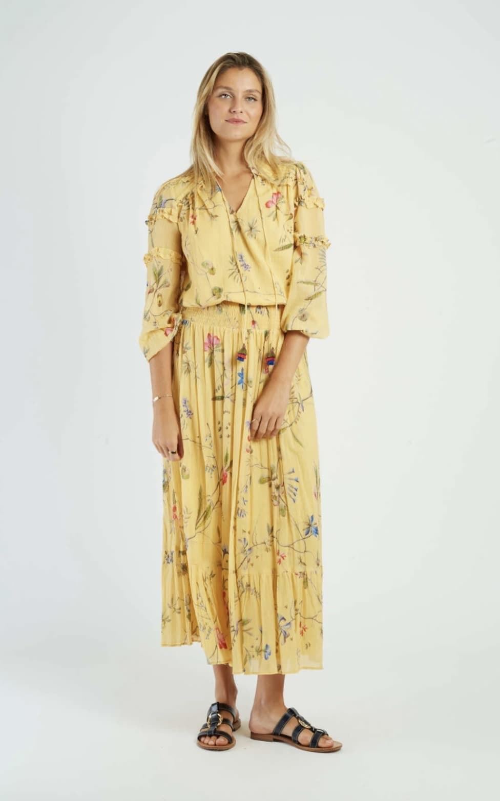 Falda Derhy DIVANA larga algodón estampada amarilla mostaza - Imagen 6