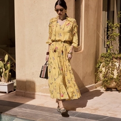 Falda Derhy LARGA DE ALGODÓN estampada DIVANA amarilla mostaza - Imagen 1