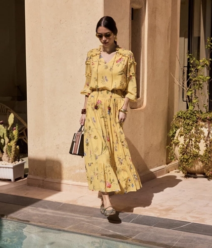 Falda Derhy LARGA DE ALGODÓN estampada DIVANA amarilla mostaza - Imagen 1