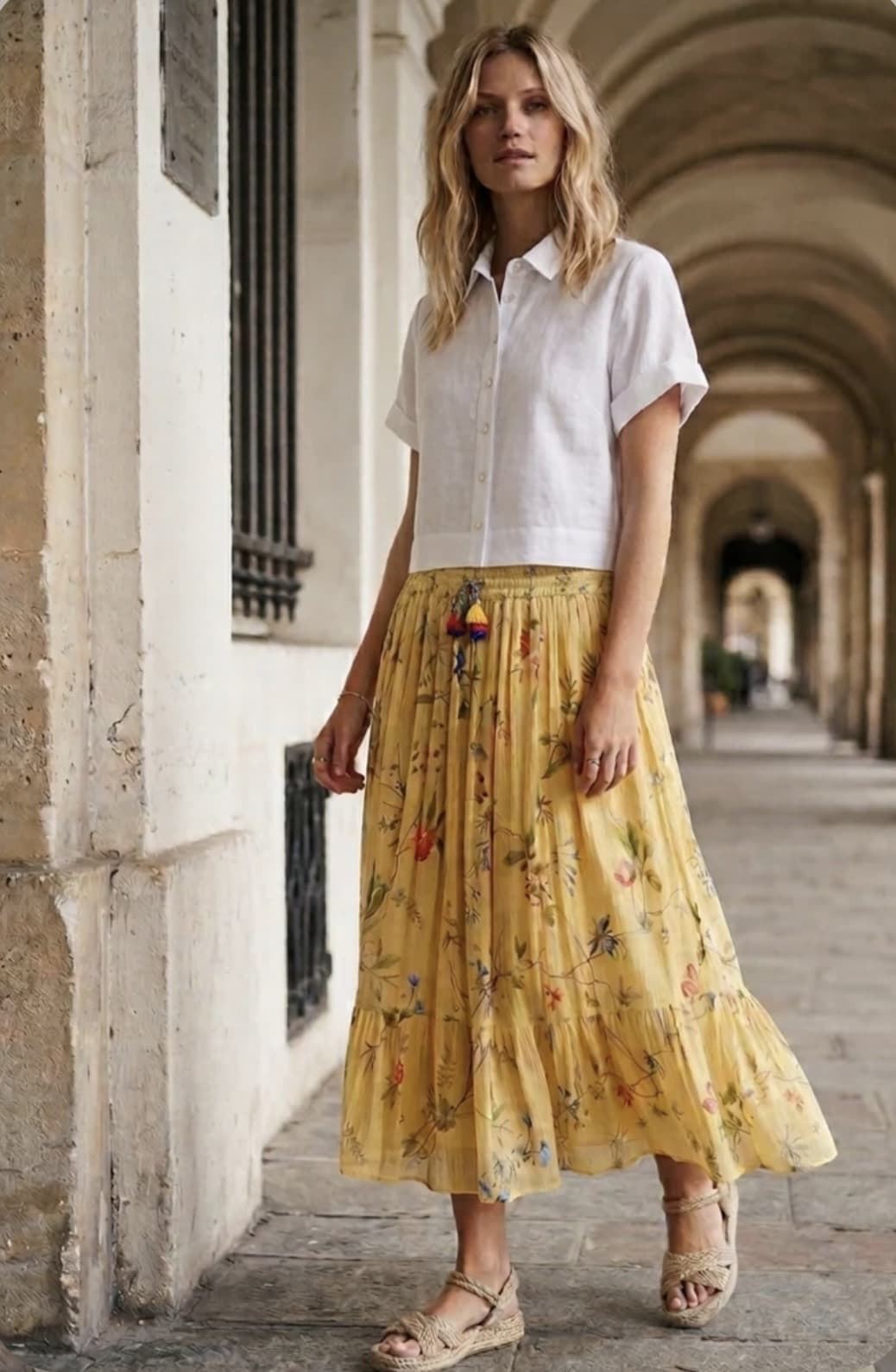 Falda Derhy LARGA DE ALGODÓN estampada DIVANA amarilla mostaza - Imagen 2