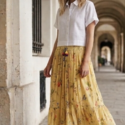 Falda Derhy LARGA DE ALGODÓN estampada DIVANA amarilla mostaza - Imagen 2