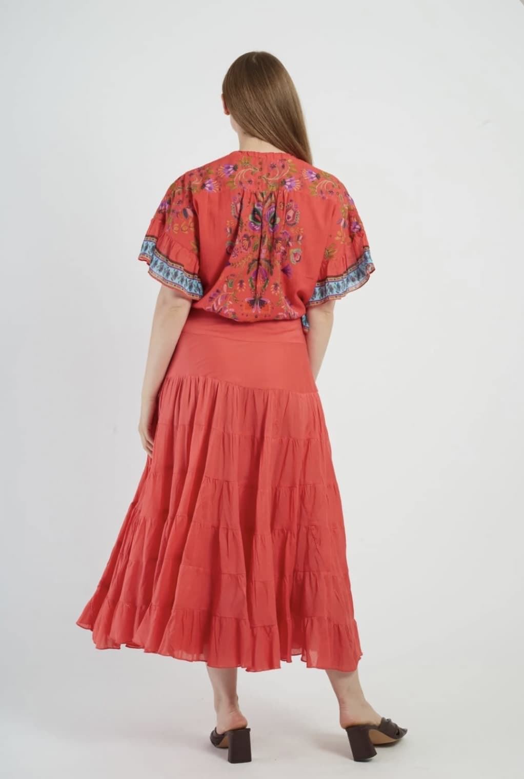 Falda Derhy LARGA DE ALGODÓN LISO DAHLIA rojo coral - Imagen 2