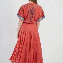 Falda Derhy LARGA DE ALGODÓN LISO DAHLIA rojo coral - Imagen 2