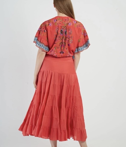 Falda Derhy LARGA DE ALGODÓN LISO DAHLIA rojo coral - Imagen 2