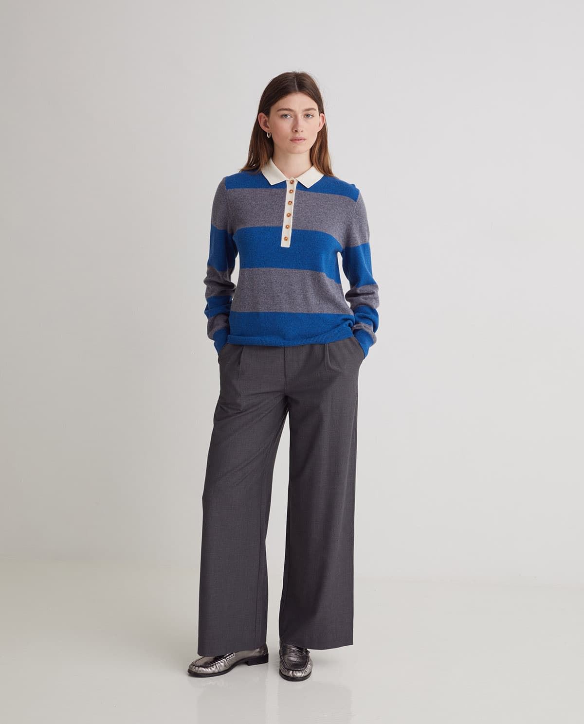 Jersey Volvoreta Tui 43512  MEZCLA LANA CUELLO POLO RAYAS AZUL - Imagen 2