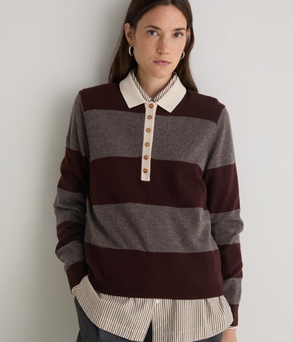Jersey Volvoreta Tui 43512  MEZCLA LANA CUELLO POLO RAYAS MARRÓN - Imagen 1