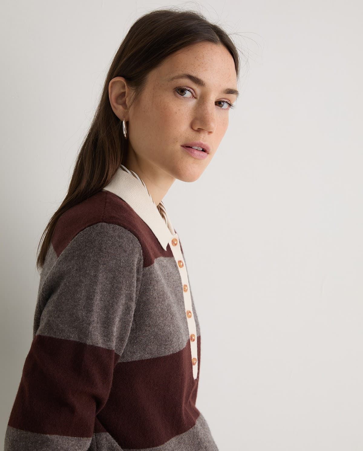 Jersey Volvoreta Tui 43512  MEZCLA LANA CUELLO POLO RAYAS MARRÓN - Imagen 3