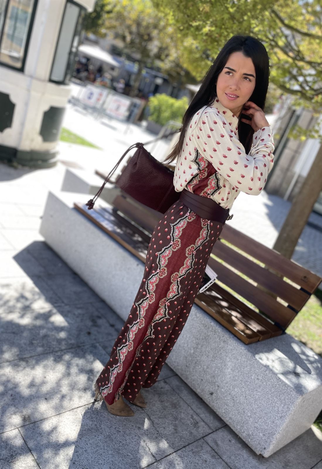 PANTALÓN Derhy CINTHIA ancho estampado marrón - Imagen 1