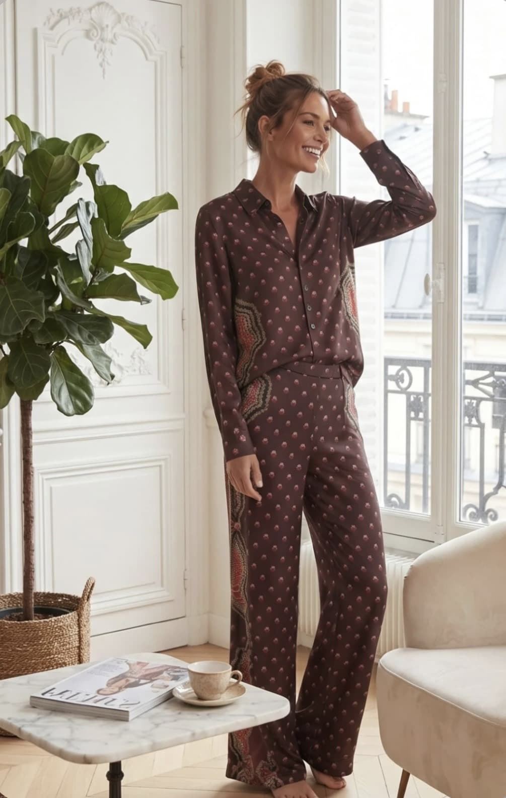 PANTALÓN Derhy CINTHIA ancho estampado marrón - Imagen 4