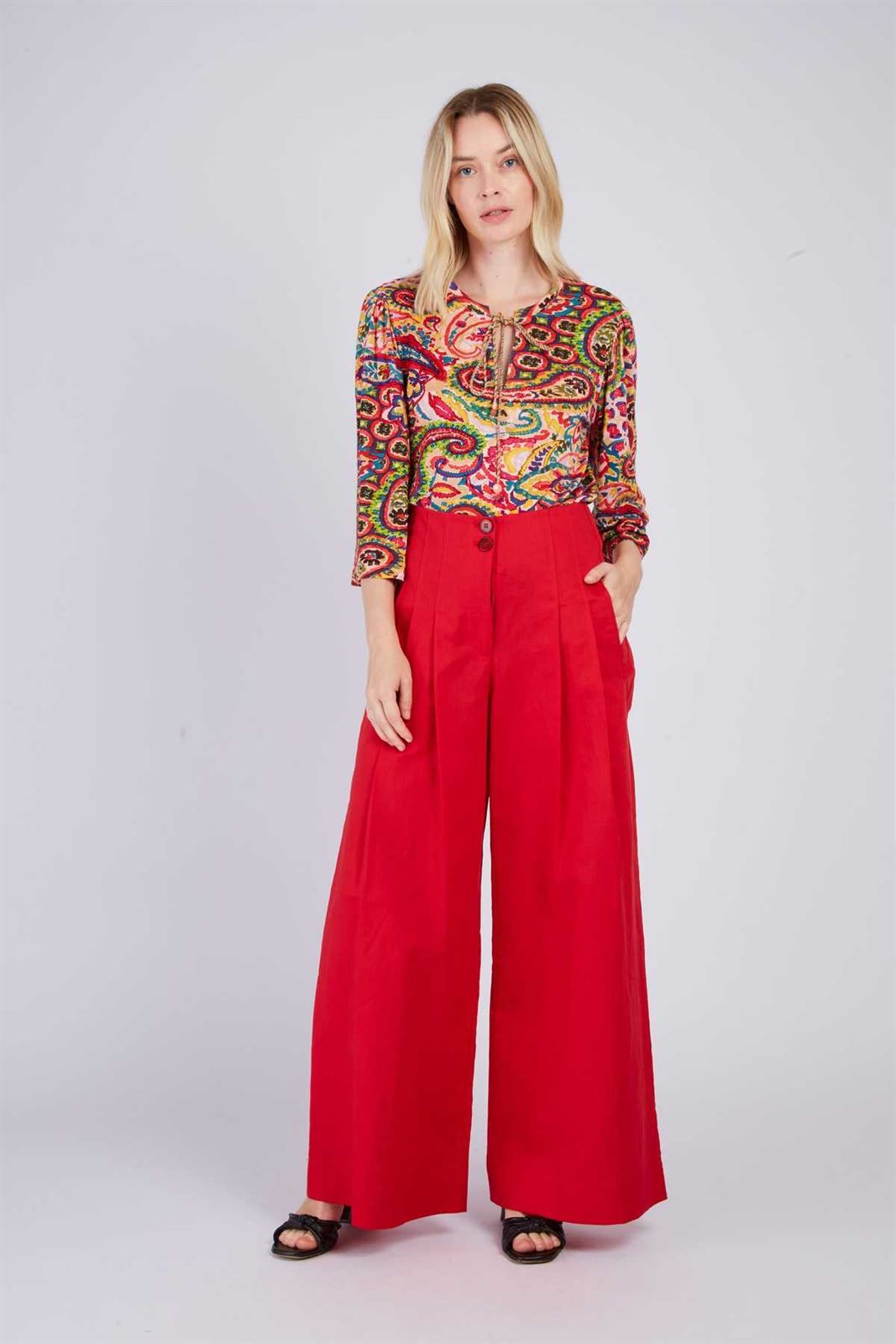 Pantalón Derhy DAISY lino botones rojo - Imagen 1