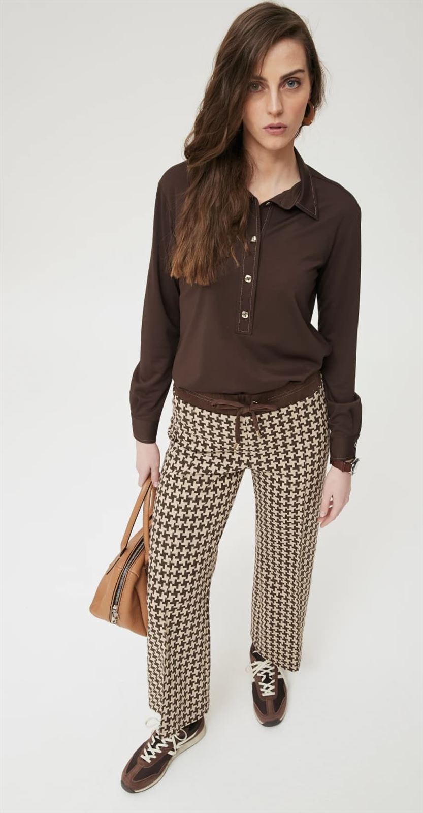 Pantalón OKY 1138 Millon Jacquard Punto Bicolor beige marrón chocolate - Imagen 1