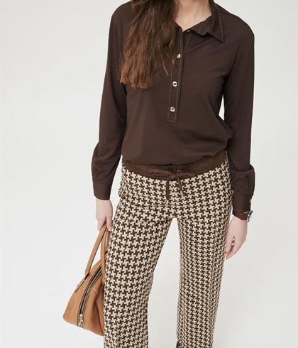 Pantalón OKY 1138 Millon Jacquard Punto Bicolor beige marrón chocolate - Imagen 1