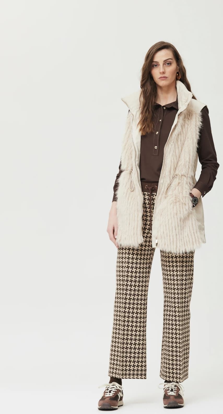 Pantalón OKY 1138 Millon Jacquard Punto Bicolor beige marrón chocolate - Imagen 2