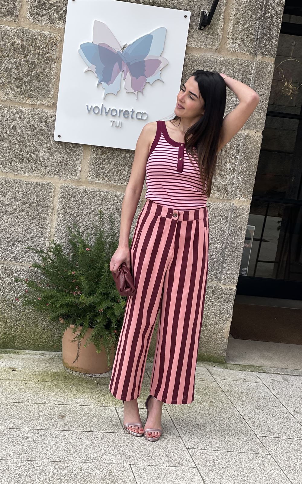 Pantalón rayas melocotón / burdeos - Imagen 1