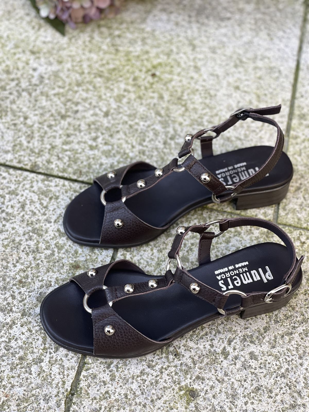 Sandalia Plumers Menorca 3035 plana tachas chocolate - Imagen 1