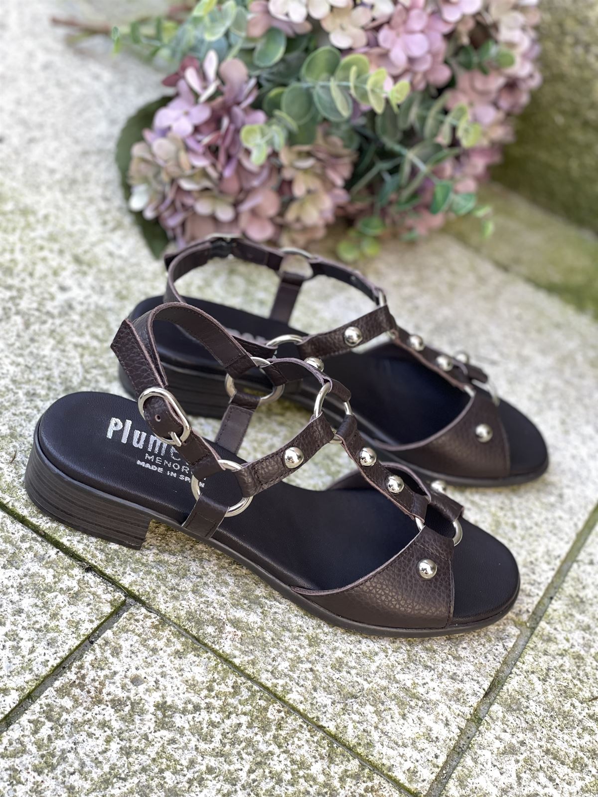 Sandalia Plumers Menorca 3035 plana tachas chocolate - Imagen 2
