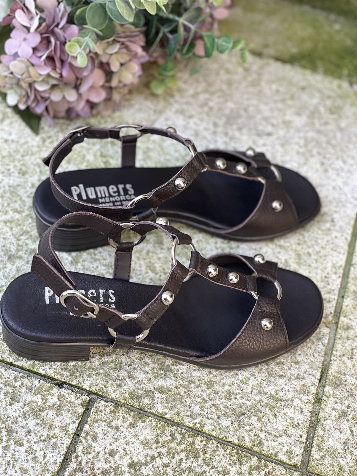 Sandalia Plumers Menorca 3035 plana tachas chocolate - Imagen 3