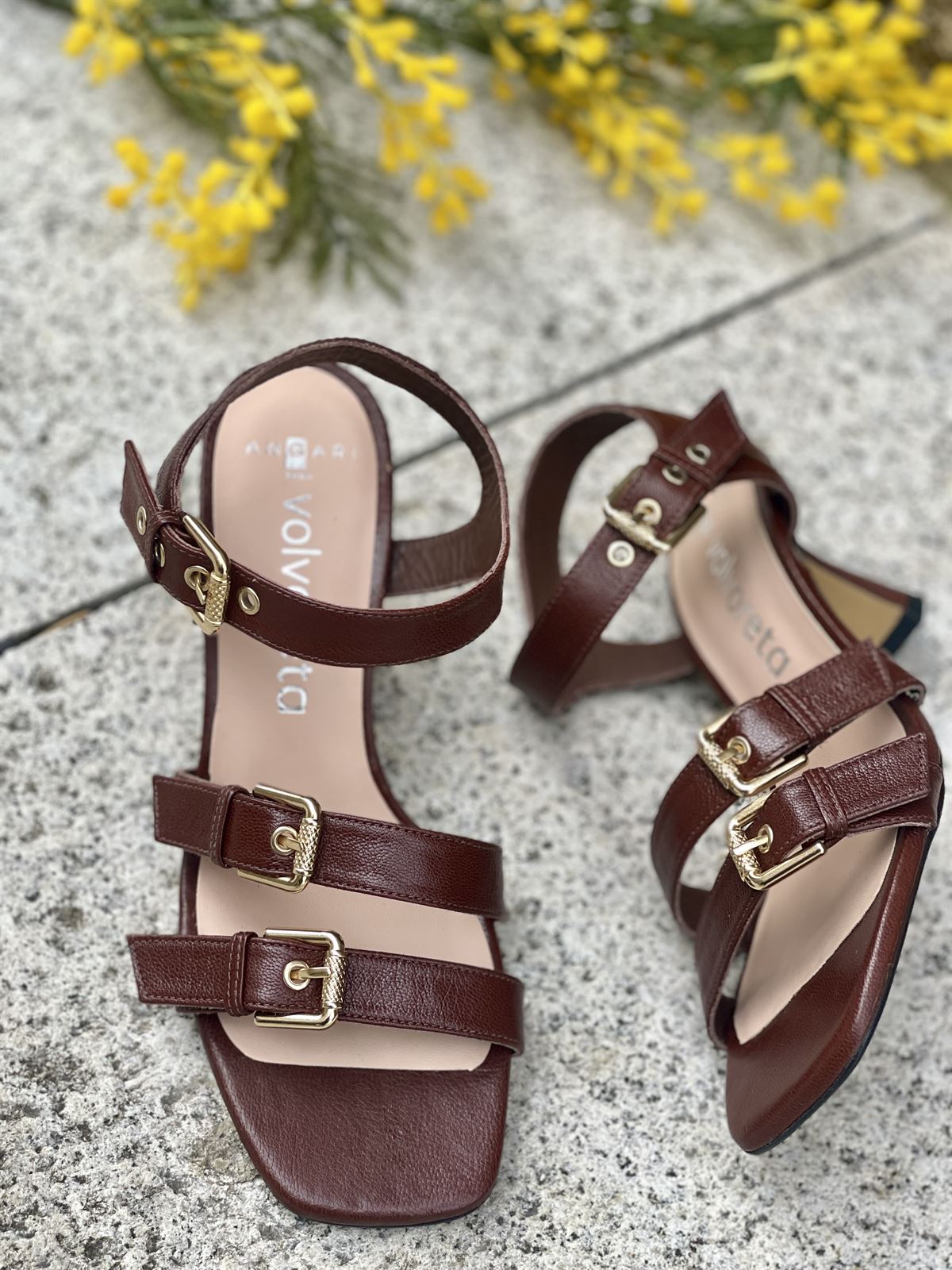 Sandalia tacón Angari 52357-MT LOLA marrón chocolate 3 hebillas. - Imagen 2
