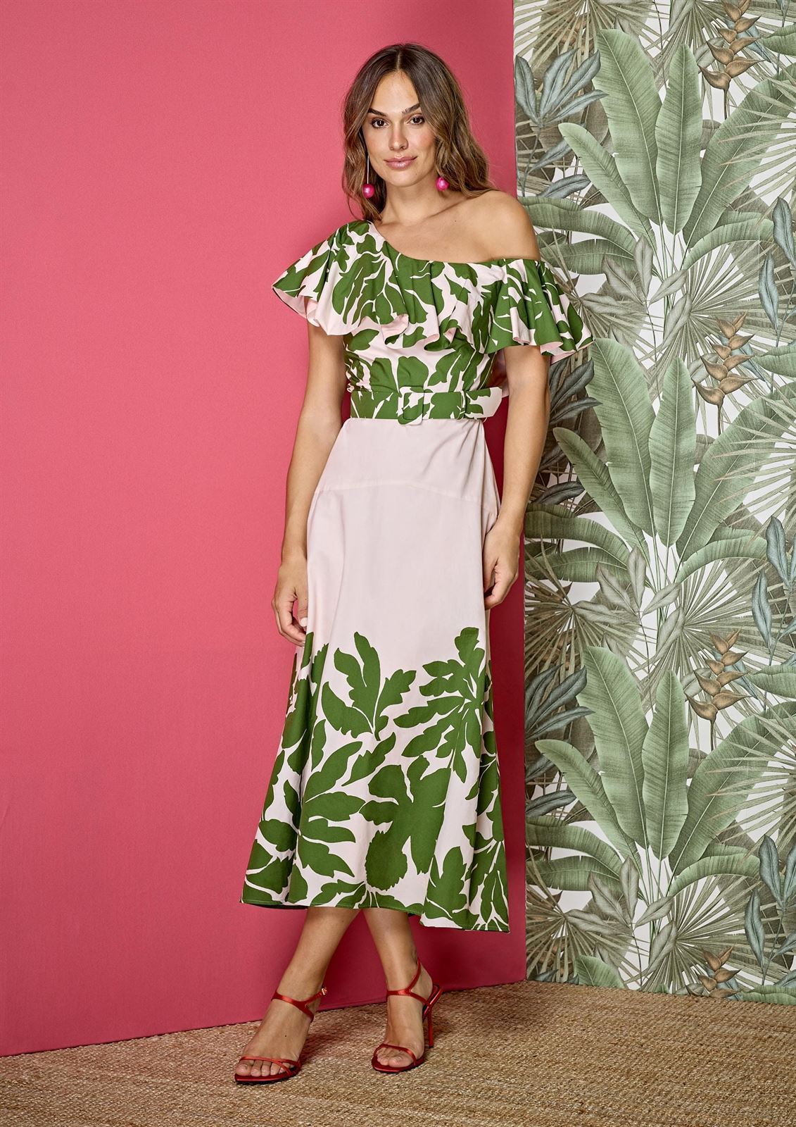 Vestido Alba Conde 3407-734-54 BICOLOR ROSA ESTAMPADO HOJAS - Imagen 4