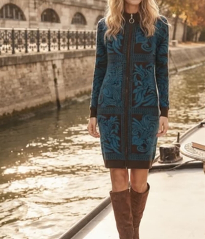 Vestido Derhy Betille jacquard marrón chocolate - Imagen 1