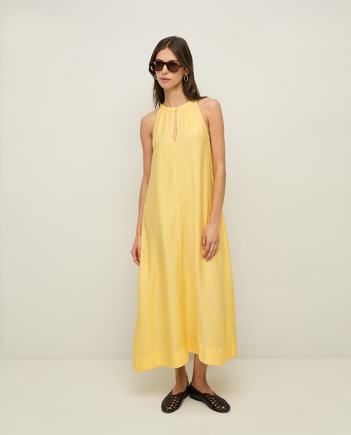 Vestido YERSE 44871 LARGO ESTAMPADO CON FRUNCES AMARILLO MANTEQUILLA - Imagen 1