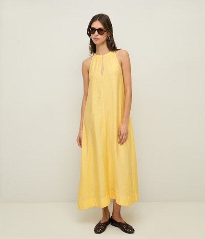 Vestido YERSE 44871 LARGO ESTAMPADO CON FRUNCES AMARILLO MANTEQUILLA - Imagen 1
