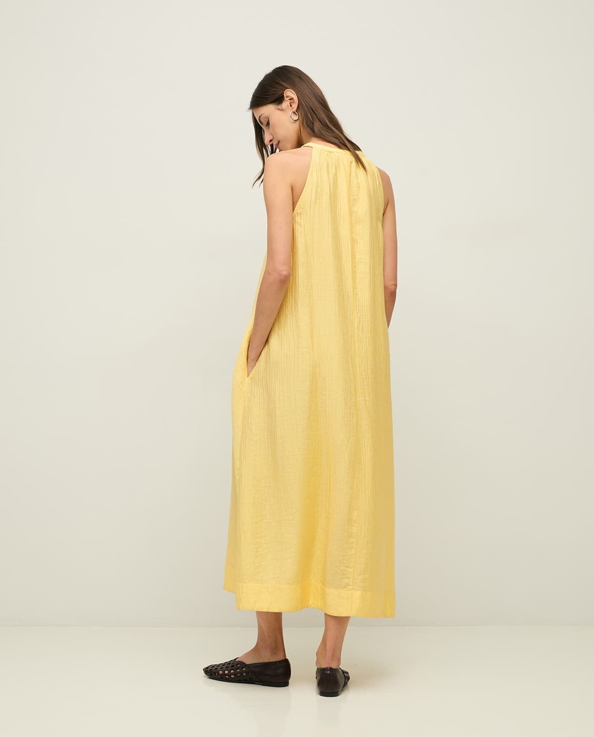 Vestido YERSE 44871 LARGO ESTAMPADO CON FRUNCES AMARILLO MANTEQUILLA - Imagen 3