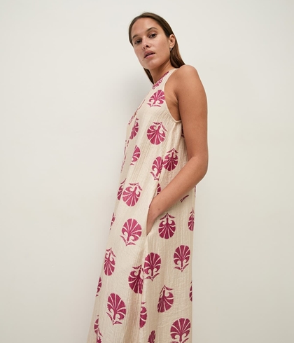Vestido YERSE 44871 LARGO ESTAMPADO CON FRUNCES CRUDO FUCSIA - Imagen 1