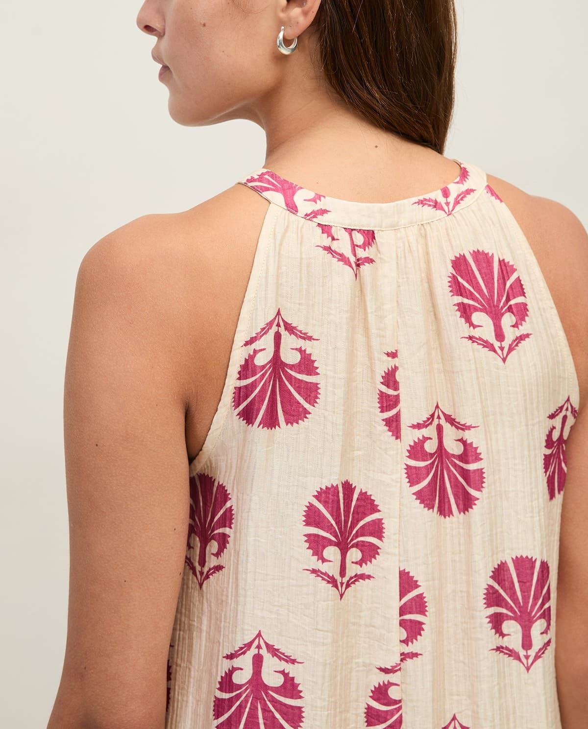 Vestido YERSE 44871 LARGO ESTAMPADO CON FRUNCES CRUDO FUCSIA - Imagen 4
